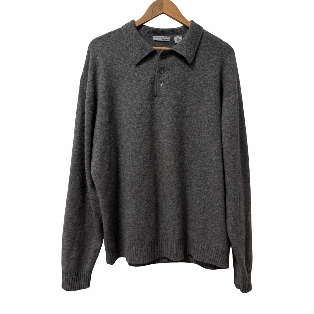American‎ Blue 100% Pure Cashmere Polo Collared Sweater Mens Size XL Gray Luxury